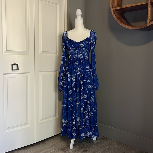 Sau Lee Gianna Dress Blue White Floral Sheer Ruched Waist Maxi Midi Size 6 - Picture 2 of 10